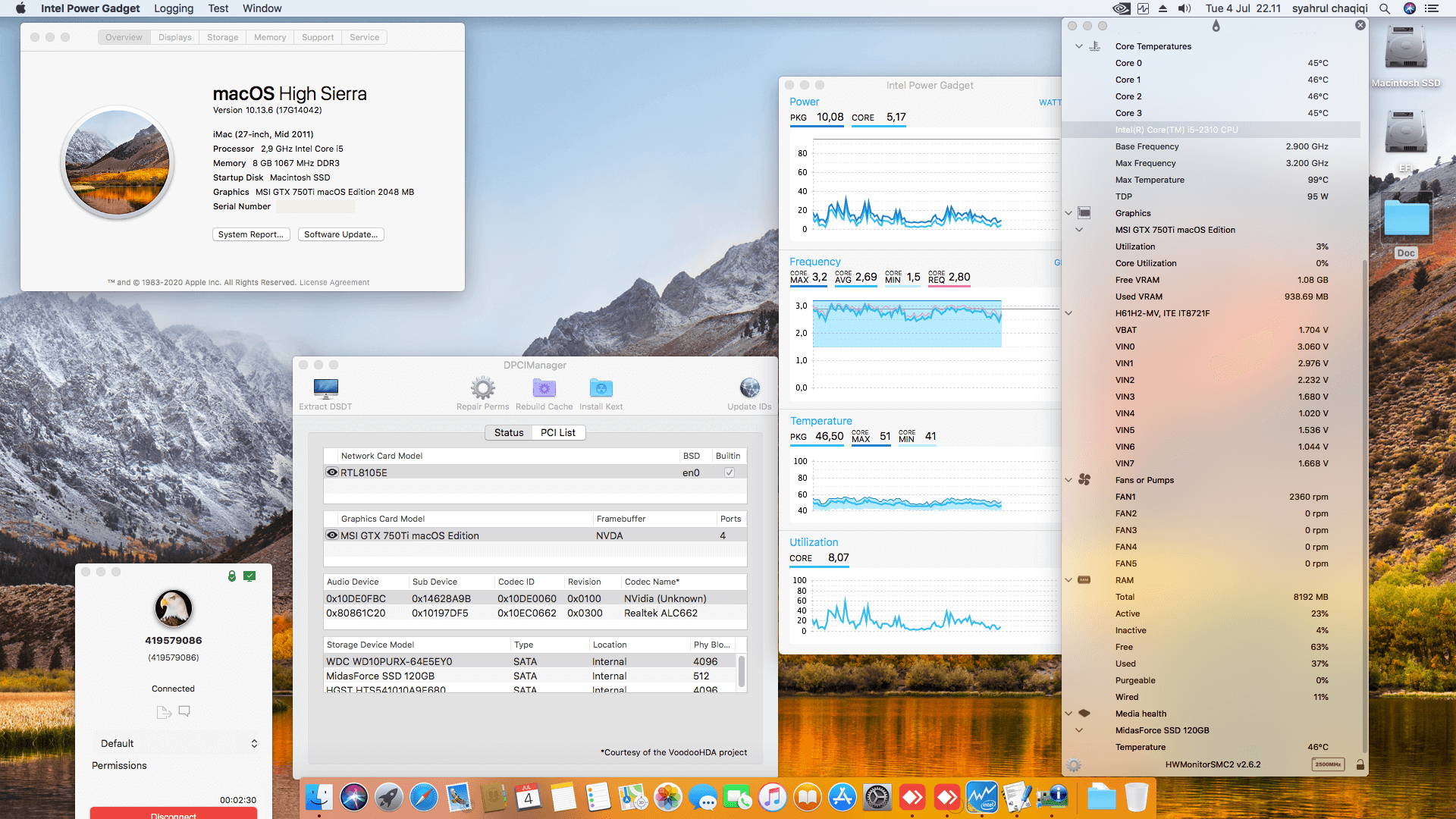 Success Hackintosh macOS High Sierra 10.13.6 Build 17G14042 in ECS H61H2-MV + Intel Core i5 2310 + MSI GTX 750Ti